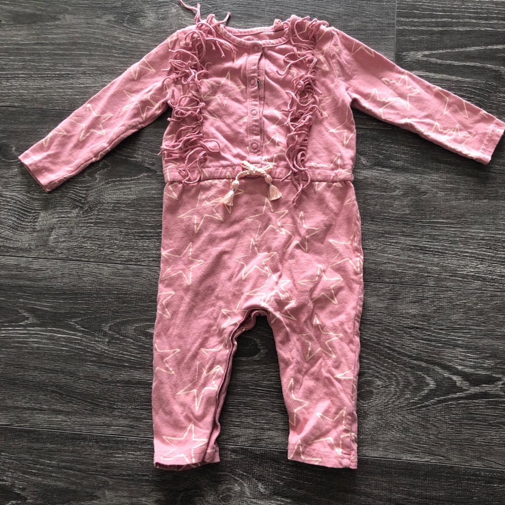 Pink jumpsuit with white star designs and fringe - Picture 1 of 8